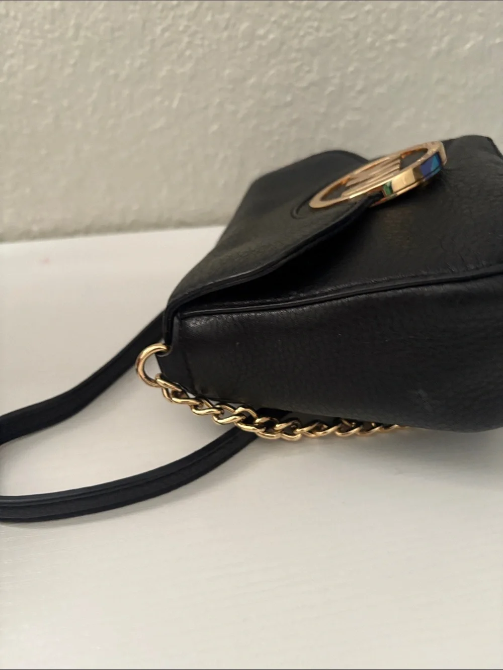 Michael Kors Black Leather Crossbody with Gold MK Emblem